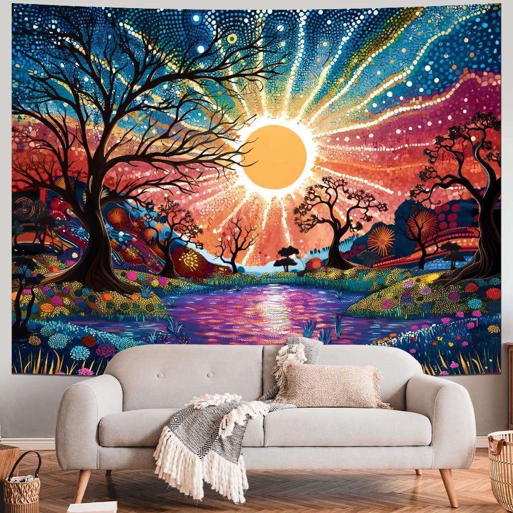 Serborlur Tree of Life Tapestry Trippy Sun Forest Tapestries Colorful Starry Sky Tapestries Hippie Nature Landscape Tapestry Wall Hanging for Bedroom (39.4" x 52.4")