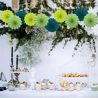 BARTHEW Green Hanging Paper Fans, 8in, 30 Pack, DIY Set, Minimalist Modern Style, Green, Military Theme, Birthday Occasion