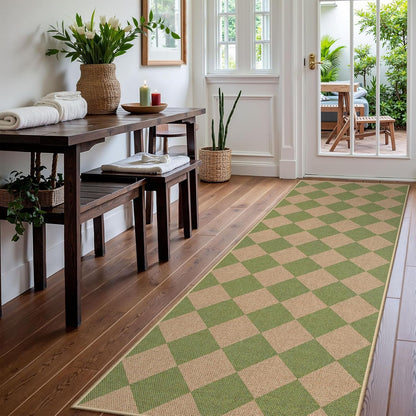 Lahome Checkered Green Runner Rug, 2x8 Carpet Runners for Hallway 8ft Non Slip Entryway Rug, Farmhouse Checkerboard Non Shedding Kitchen Mats for Floor Laundry Corridor
