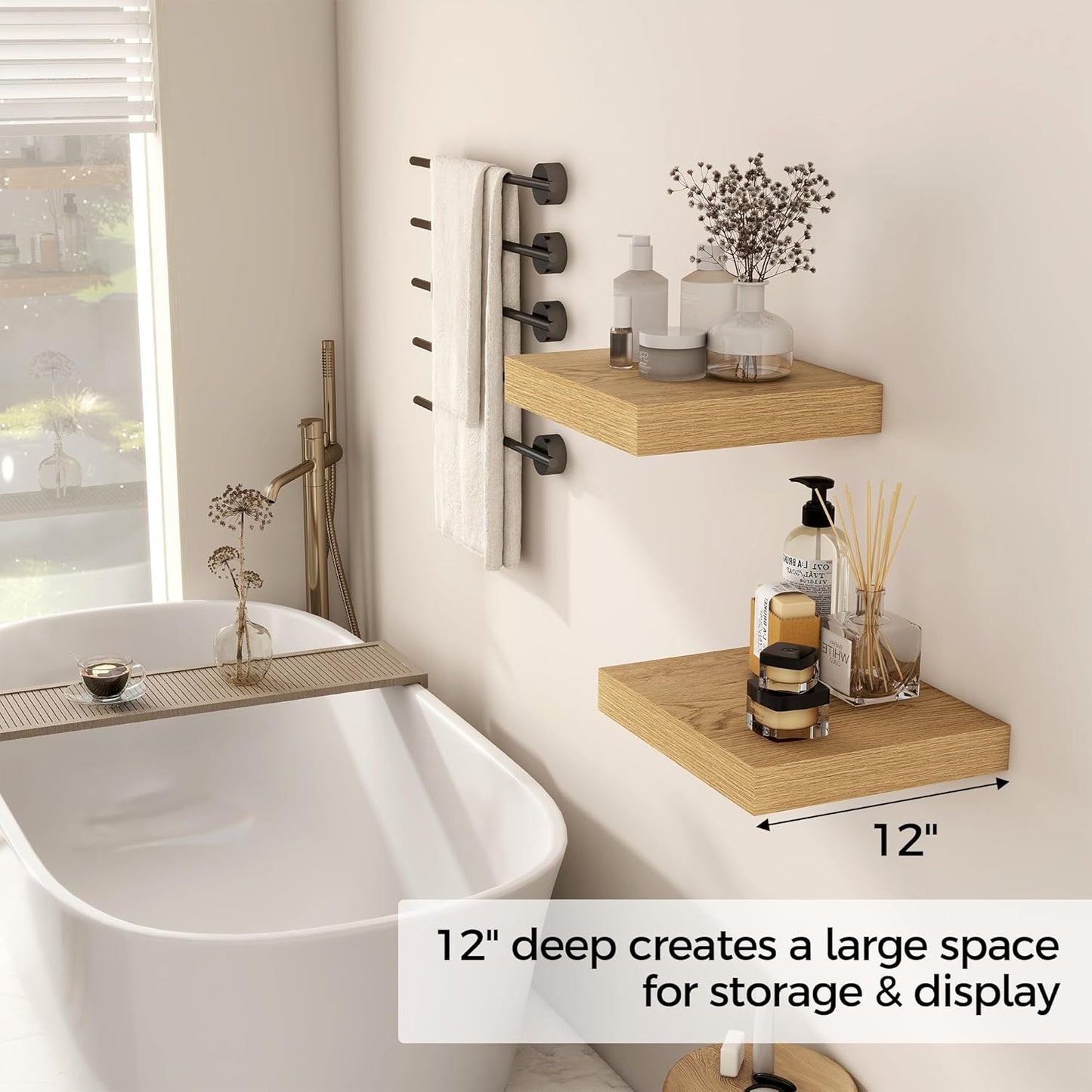 Fun Memories 12 Inch Floating Shelf, Rustic Wood Wall Shelves for Wall Decor & Storage, 12 x 12 Floating Shelf for Living Room, Bathroom, Bedroom, Oak, Set of 2