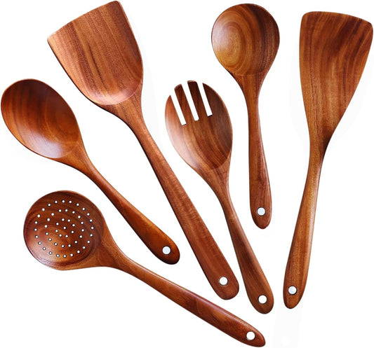 6-Piece Acacia Wood Cooking Utensil Set – Wooden Kitchen Pan Toolset for Nonstick Cookware – Includes Spoons & Spatulas – Non-Scratch, Eco-Friendly Cooking Tools – Everyday Use - Lifetime Replacements