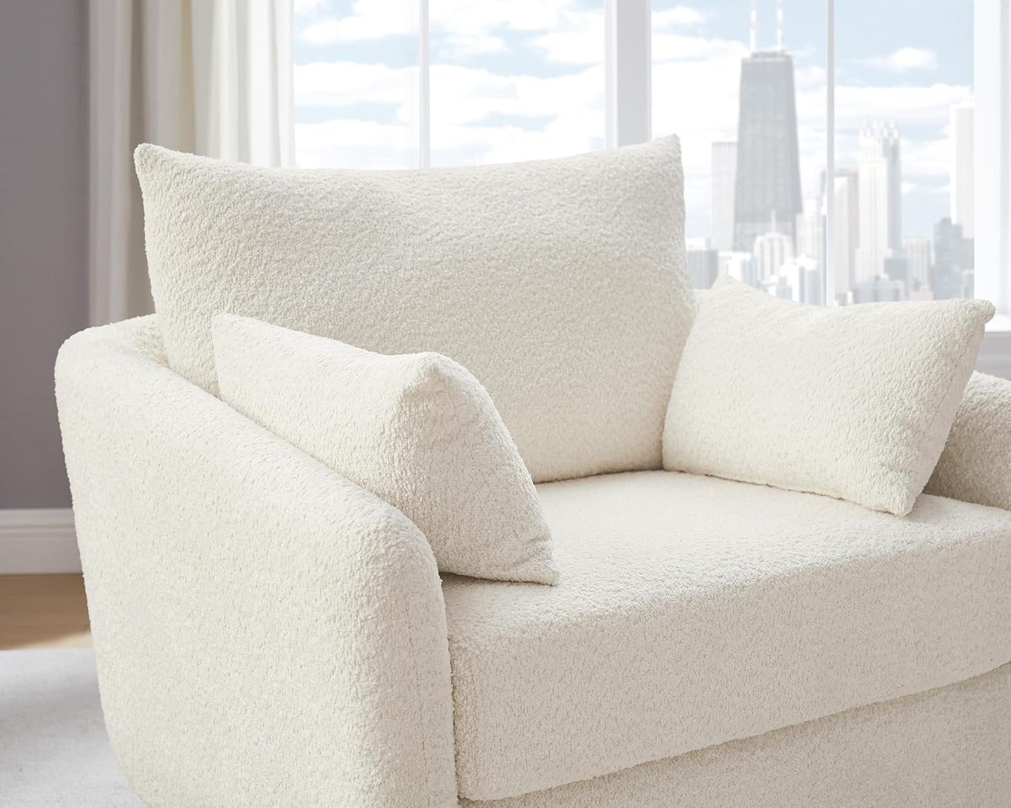 360° Swivel Accent Armchair, 39.3" Oversized, Sherpa Boucle Fabric Sofa Chair with Removable Back & Arm Pillows, Swivel Chair with Cozy Soft Padded, No Assembly Required (1, Cream White)