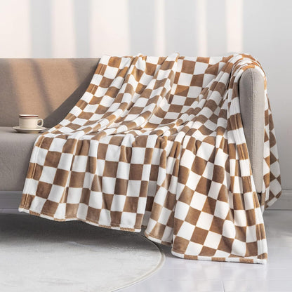 LOMAO Throw Blankets Flannel Blanket with Checkerboard Grid Pattern Soft Throw Blanket for Couch, Bed, Sofa Luxurious Warm and Cozy for All Seasons (Khaki, 60"x80")