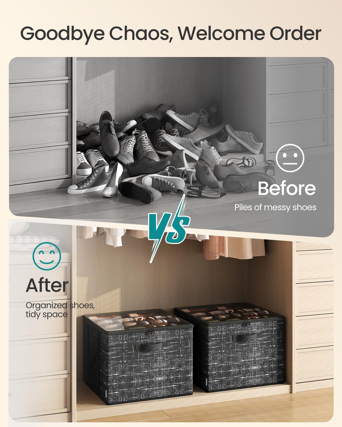 SONGMICS Shoe Organizer for Closet, Set of 2, Shoe Storage Box with Clear Lid, Foldable Fabric