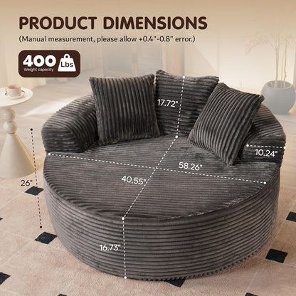 ovios 58" Oversized Round Chair Lounge Chaise Indoor, No Assembly Required, Cloud Large Circle Chair with Plush Fuax Fur, Fluffy Modern Sleeper Sofa Bed for Reading Yoga, Grey (Plush Corduroy Fabric)