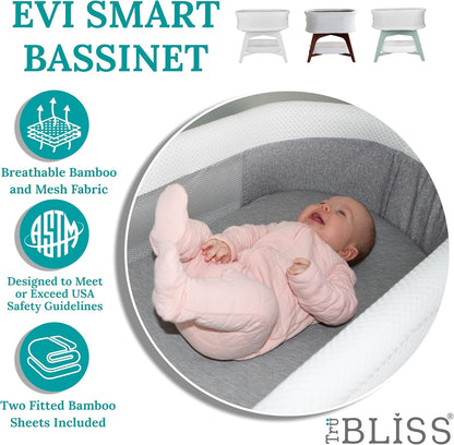 Evi Smart Baby Bassinet Beside Sleeper with Auto-Glide, Ambient Nightlight & Sensory Sounds, Compatible with Alexa and Google Home, Includes 2 Sheets (White w/Mint Green Base)