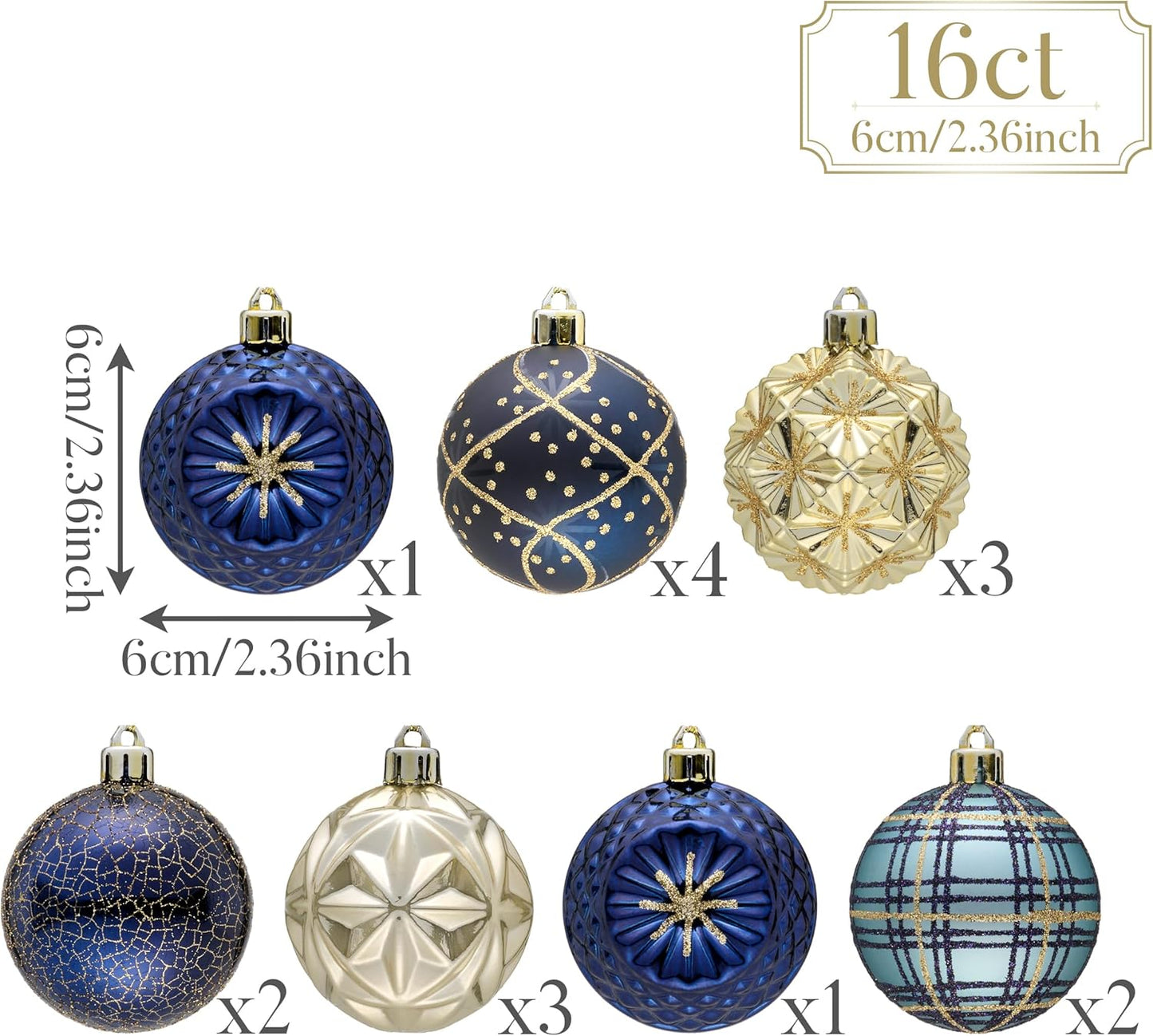 Valery Madelyn Ornaments for Christmas Trees, 16ct 2.36 Inches Blue and Gold Shatterproof Christmas Tree Decorations, Luxury Hanging Ball Ornaments for Xmas Holiday Party Decor