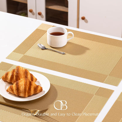 Placemats Set of 6 - Easy Clean Woven Vinyl Placemats for Dining Table, Indoor/Outdoor Place Mats, Washable PVC Table Mats（Gold Cube）