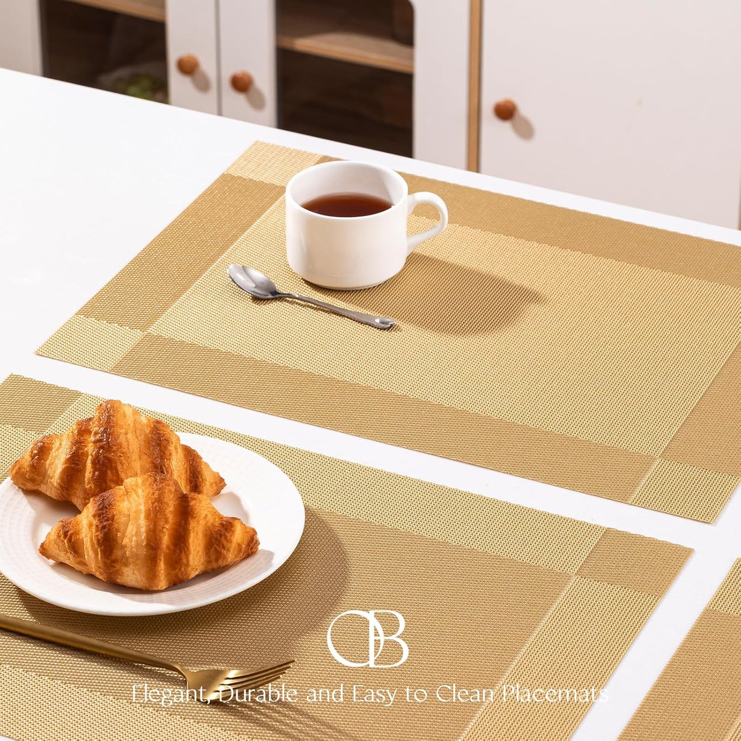 Placemats Set of 12 - Easy Clean Woven Vinyl Placemats for Dining Table, Indoor/Outdoor Place Mats, Washable PVC Table Mats（Gold Cube）