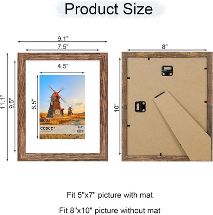 8x10 Picture Frame Set of 4, 8 x 10 Wood Photo Frames with Mat for 5x7, Natural Wooden Frame with Real Glass Cover for Wall and Tabletop Display,Rustic Brown