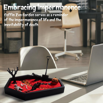 Coffin Zen Garden for Desk 7" x 9" Mini Zen Garden Kit Accessories for Office Coffin Spooky Decor Tray Spooky Gifts Gothic Decor Gifts for Man Women