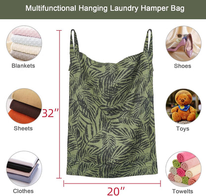 Linen Hanging Laundry Bag, 100% Linen Leaf Print Over The Door Laundry Hamper with Buttons and Zipper, Space Saving Door Hampers for Laundry Dirty Clothes Home Travel, Green, 19.7x27.5inches