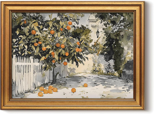 HUARCEY Gold Framed Vintage Wall Art for Living Room Country Orange Trees Earthy Room Decor Aesthetic Oil Painting Wall Picture Farmhouse Canvas Print Artwork for Kitchen Bedroom Bathroom Decor 12x16