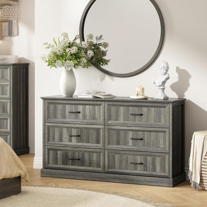 Farmhouse 6 Drawer Dresser for Bedroom, 55 Inch Wide Modern Grey Dresser TV Stand with Large Drawers & Bar Handles, Rustic Wood Chest of Drawers for Bedroom, Living Room, Hallway, Entryway.