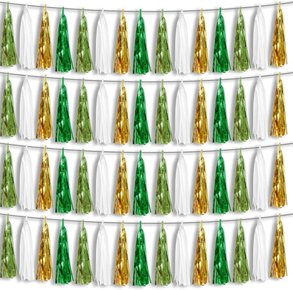 4P Sage-Green Beige-Mint Gold Foil Fringe Metallic Tassel Garland Banner, Tassels Banner Streamers for Parade Floats, Bachelorette, Wedding, Birthday, Christmas, Bridal/Baby Shower Party Decorations