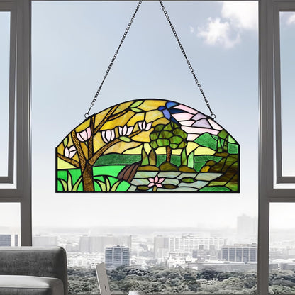 YOURANJU Half Moon Stained Glass Window Hanging Tiffany Style 16" x 8" Half-Round Window Panel Housewarming Gift Living Room Bedroom Kitchen Window Decorative Hangings with Chain (Tree)