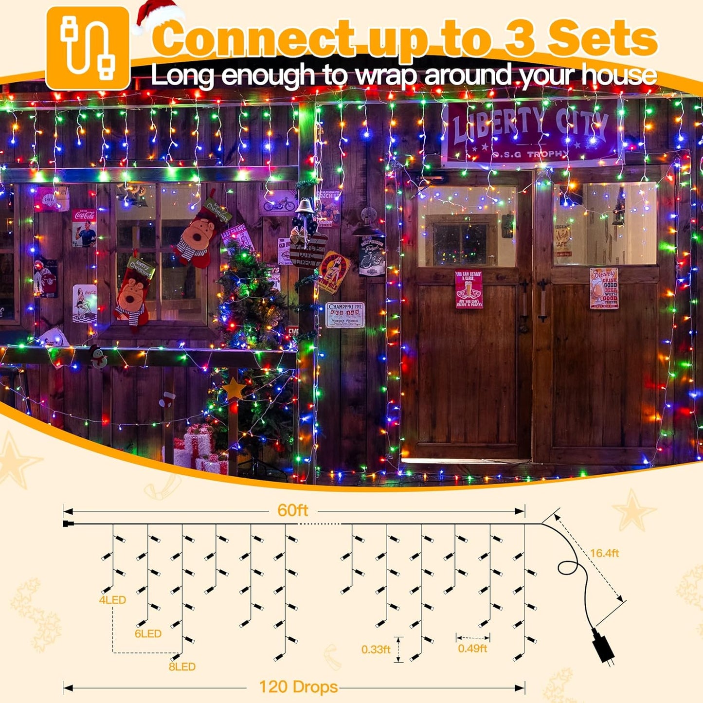 Ollny Icicle Lights for Outside 720LED 60FT, Multicolor Christmas Lights with Remote 8 Modes Dimmable, Waterproof Connectable Timer Hanging Light for House Outdoor Yard Indoor Decorations