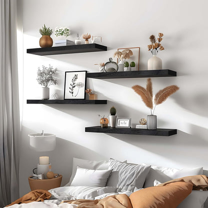 Black Wood Floating Shelves for Wall Rustic Wall Shelves for Bedroom Set of 6