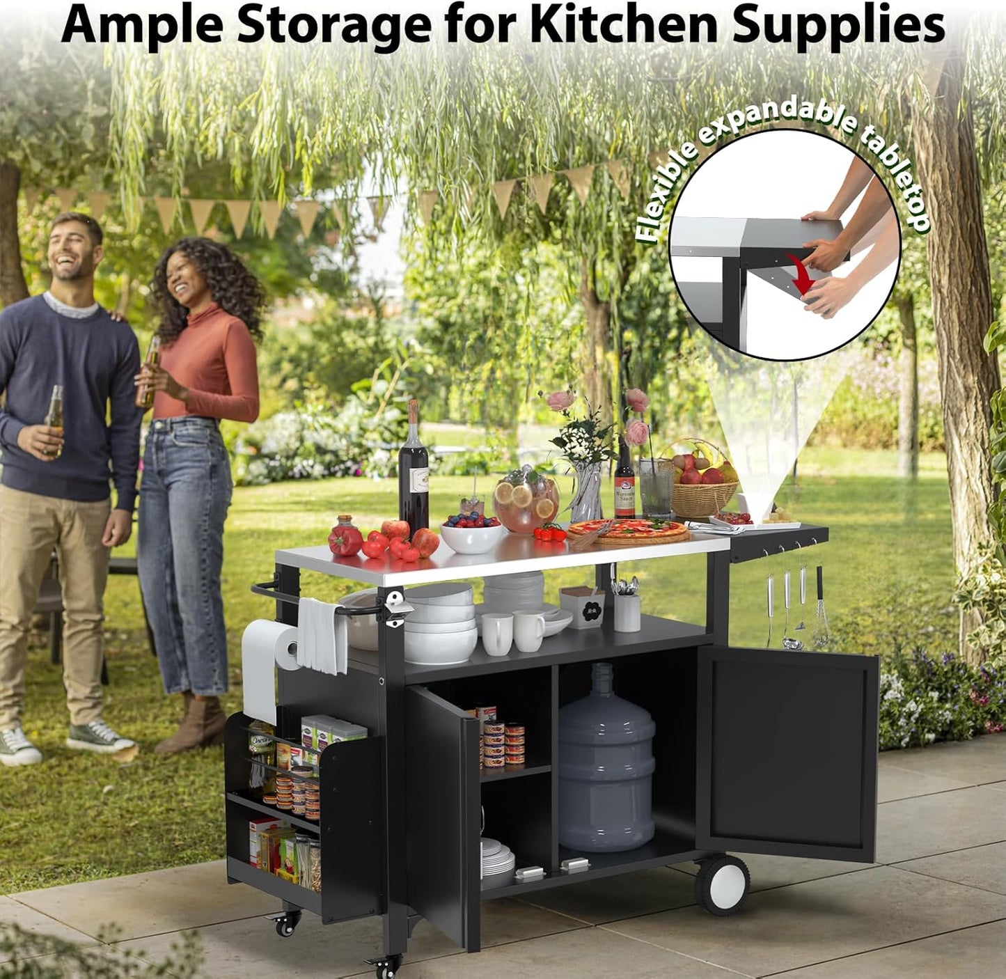 Outdoor Grill Cart with Wheels, Outdoor Kitchen Bar Cart Mobile BBQ with Foldable Stainless Steel Top & Storage Cabinet