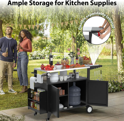 Outdoor Grill Cart with Wheels, Outdoor Kitchen Bar Cart Mobile BBQ with Foldable Stainless Steel Top & Storage Cabinet