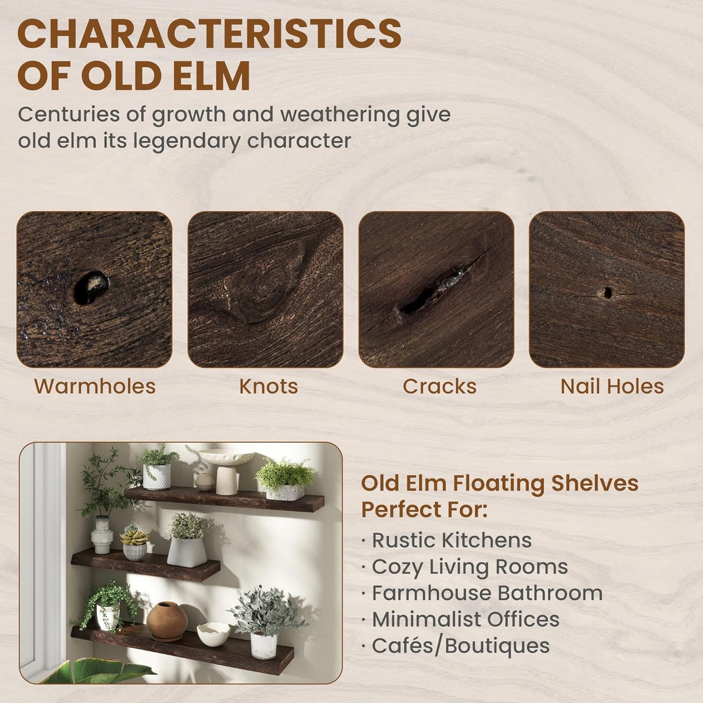 55" Floating Shelves, Live Edge Elm Wood Floating Shelf for Wall, Wall-Mounted Display Shelves with Invisible Heavy-Duty Bracket, Long Floating Shelf for Bathroom, Kitchen, Living Room, Walnut Color