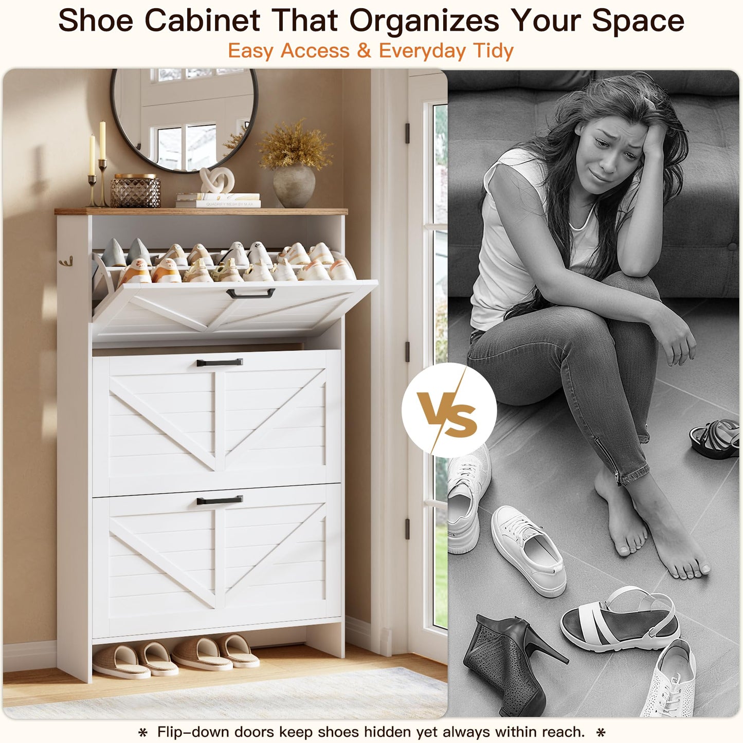 Nicetree Shoe Cabinet, 3 Flip Drawers & Adjustable Shelves, Ultra Slim Freestanding (9.1” Deep)