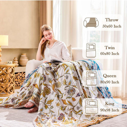 Fall Throw Blanket for Couch, Brown Boho Decorative Throw Blanket, 100% Cotton Muslin Breathable Woven Farmhouse Blankets Quilt, 90"x98" Reversible Lightweight Blankets Bohemian Throw Quilt