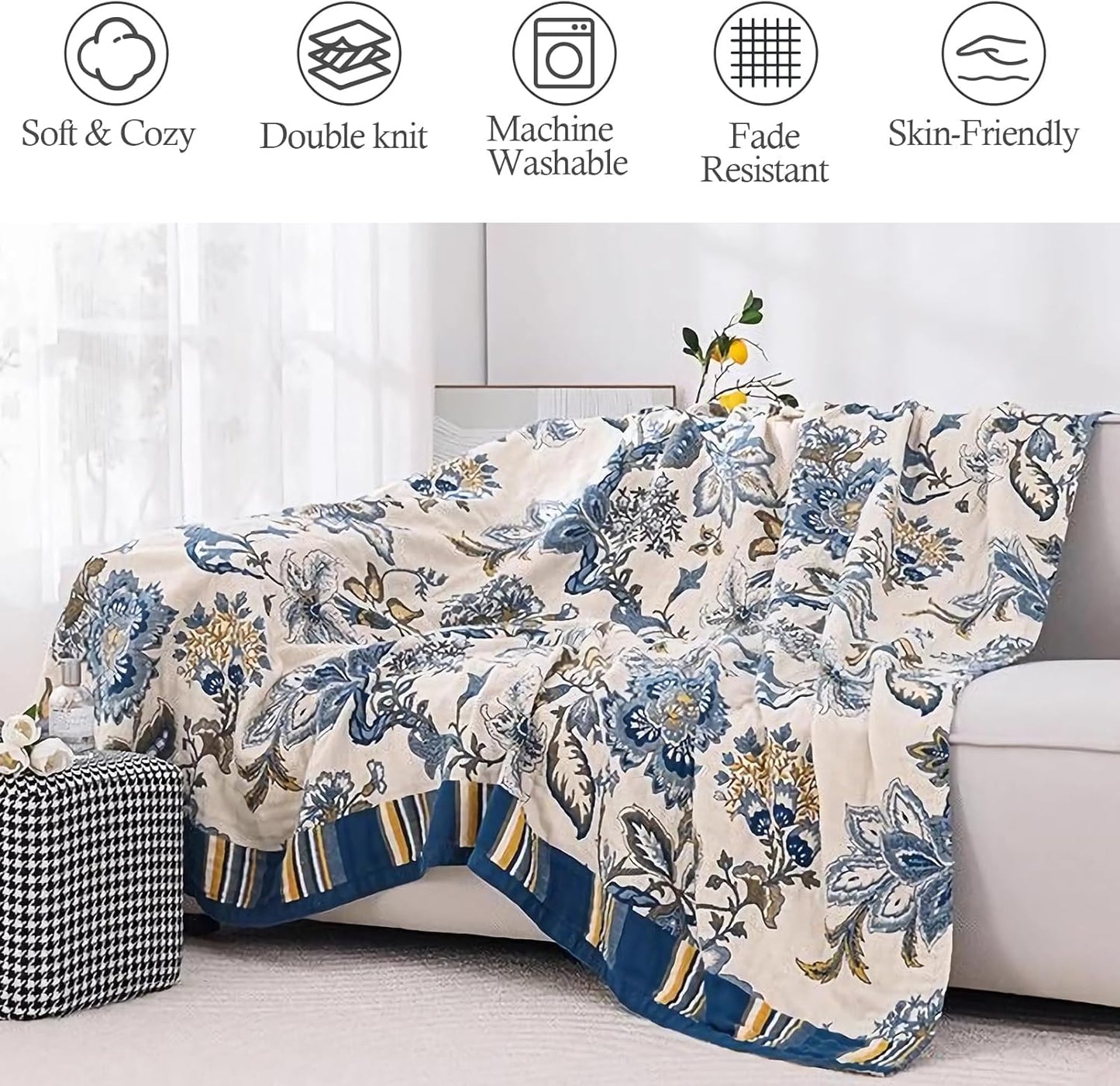 Snycler Boho Throw Blanket for Bed - 100% Cotton Ultra Soft Rustic Quilt - White Blue Floral Printed Farmhouse Decor Bed Blankets, 60"×80" All Season Rustic Throw for Sofa Couch Chair