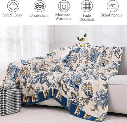 Snycler Boho Throw Blanket for Bed - 100% Cotton Ultra Soft Rustic Quilt - White Blue Floral Printed Farmhouse Decor Bed Blankets, 60"×80" All Season Rustic Throw for Sofa Couch Chair