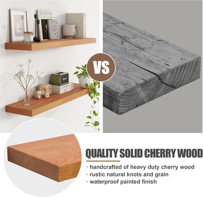 Floating Shelves for Wall, USA-Sourced Cherry Wood 55 Inch Long Wall Shelves, Natural Wooden Wall Mounted Picture Ledge Shelf, Nursery Book Storage Shelf Kids Bookshelf, Display Shelf for Bathroom