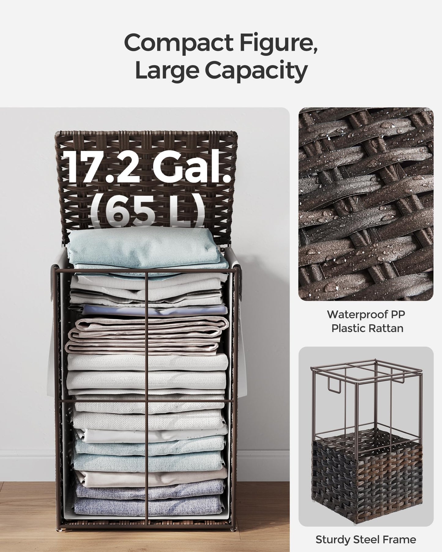 SONGMICS Laundry Hamper with Lid, 17.2 Gallon (65 L) Synthetic Rattan Clothes Laundry Basket with