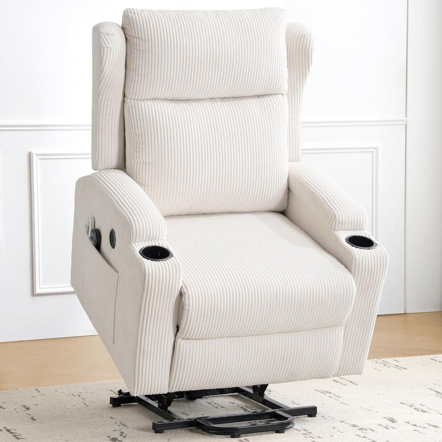 Lift Recliner Chair for Adults with Massage and Heating, Power Lift Recliner Chairs for Elderly, Corduroy Fabric Reclining Chair with USB &Type-C Port, Cup Holders, L6111 (Beige)