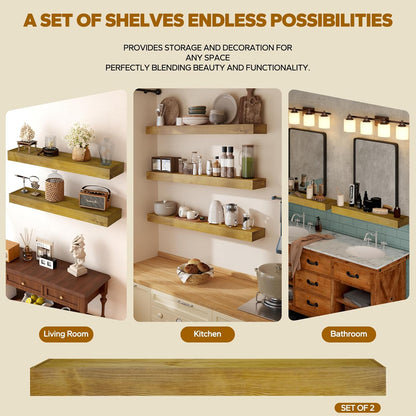 Floating Shelves 3 inch Thick for Wall Set of 2,Solid Pine Wood Wall Mount Shelf for Kitchen Living Room Bedroom Bathroom,8" D x 24" L x 3" H-Gold Oak