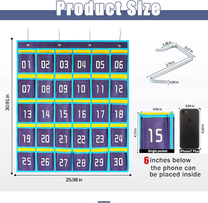 Loghot Classroom Accessories Closet Pocket Chart for Cell Phones Holder Wall Door Hanging Organizer (30 Pockets Blue)