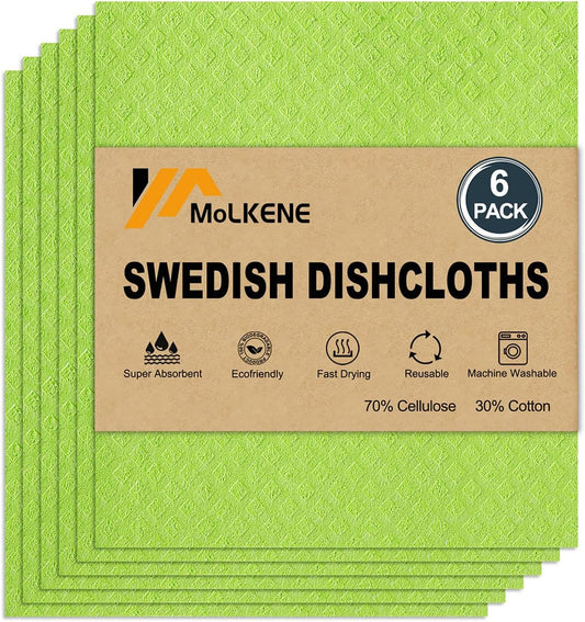 Swedish Dishcloths for Kitchen | 6 Pack Absorbent Cellulose Sponge Cloths Washable | Non-Scratch