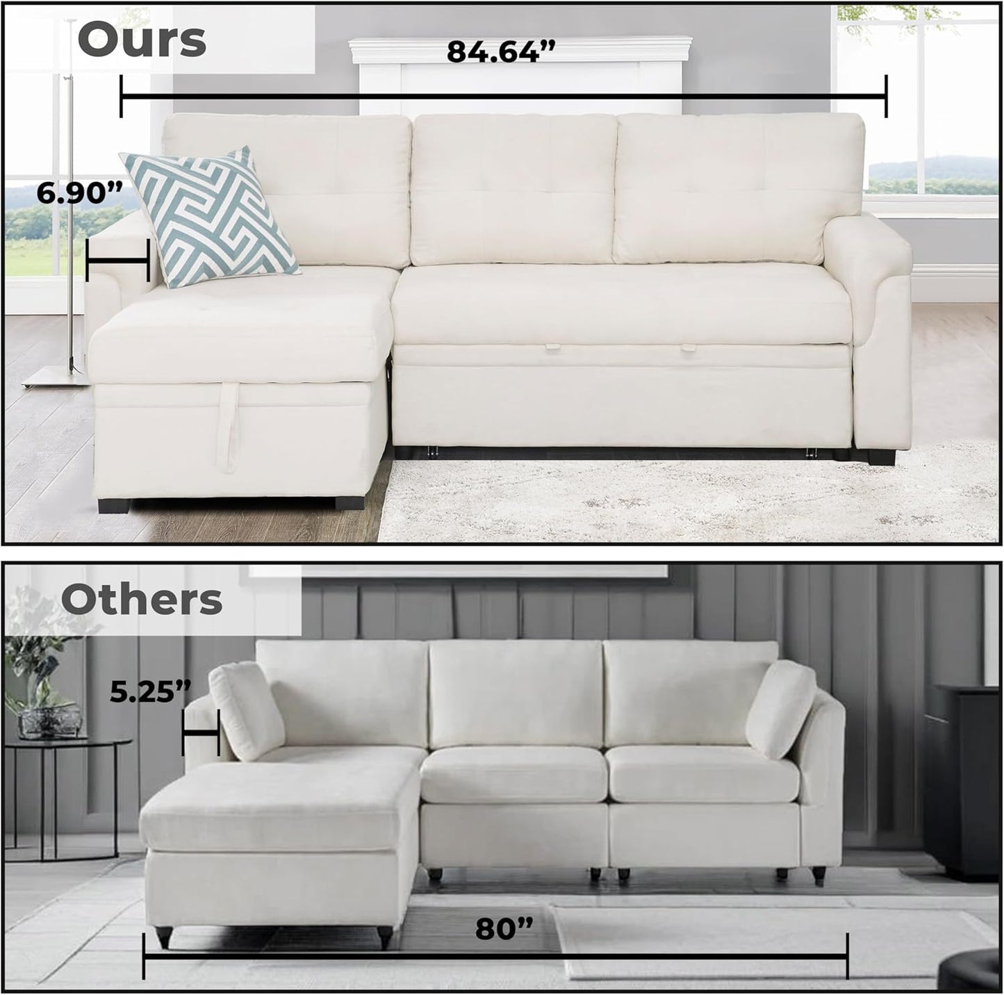 Naomi Home L-Shaped Reversible Sectional Sofa with Pull-Out Sleeper Bed and Storage Chaise, Cream Velvet