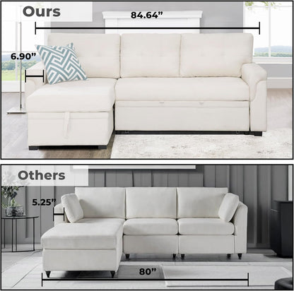 Naomi Home L-Shaped Reversible Sectional Sofa with Pull-Out Sleeper Bed and Storage Chaise, Cream Velvet