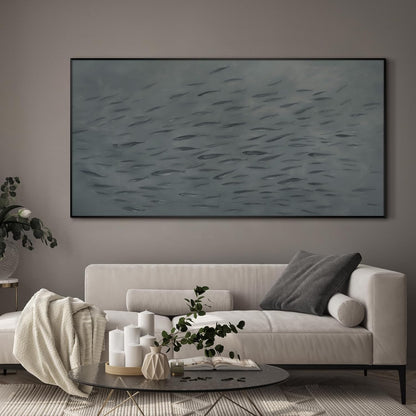 SIGNWIN 24"x46" Extra Large Framed Wall Art Gray School of Fish Minimalist Ocean-Inspired Marine Life Illustration for Home Living Room Bedroom Decor (Frame Assembly Required)