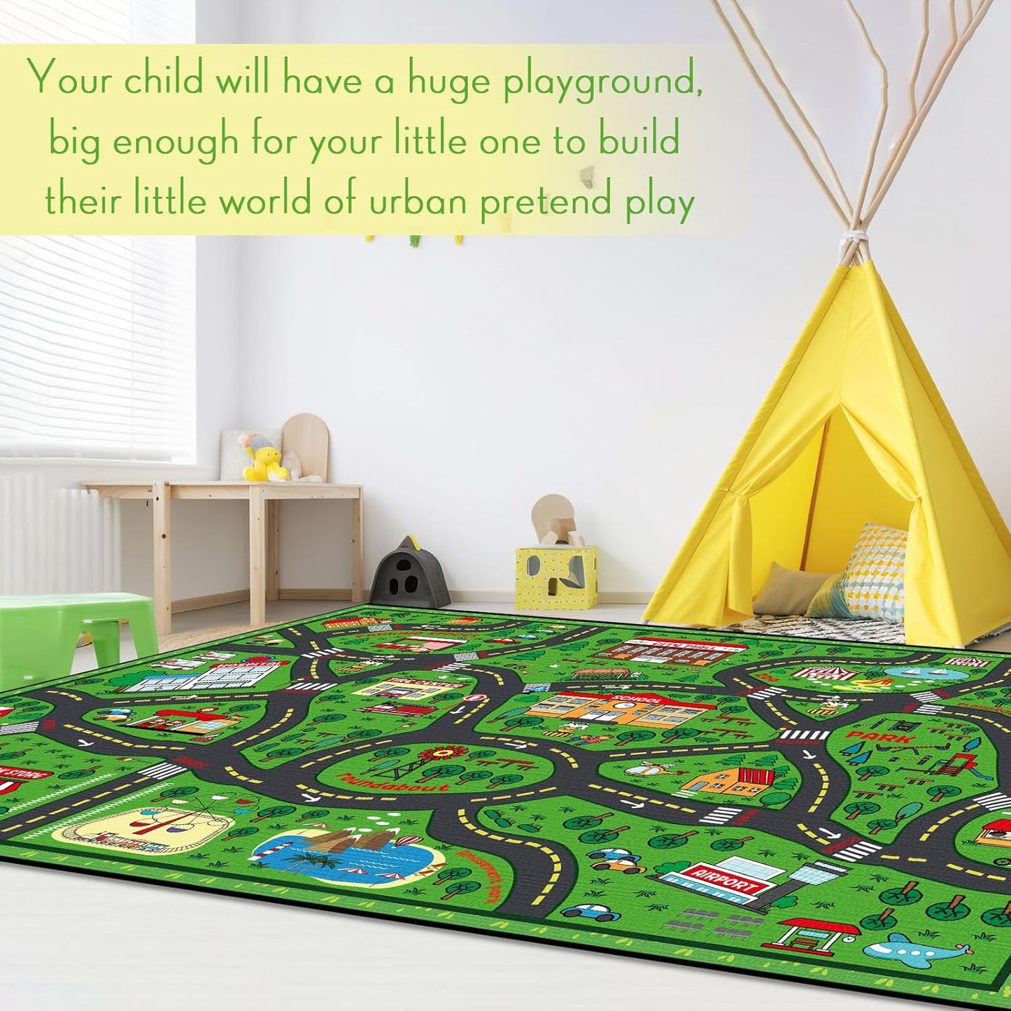 Kids Carpet Playmat Rug 4 x 6 ft Player Car Rug, City Life Traffic Road Map Mat Educational Game Area Mat for Toddler Children Playroom Classroom Bedroom(Green)