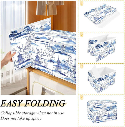 susiyo Ink Chinoiserie Pagodas Storage Bin Large Collapsible Storage Box Stackable design Fabric Storage Bins with Lids Decorative Multi-Color Foldable Organizing Baskets For Closet