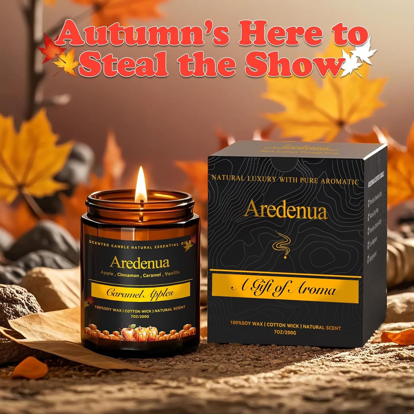 Fall Candles - Caramel Apple Candle | Fall Scented Candle, Thanksgiving Gifts - 7oz Autumn Soy Candles for Home Scented - Apple Scented for Thanksgiving, Autumn & Holiday Gift for Women Men