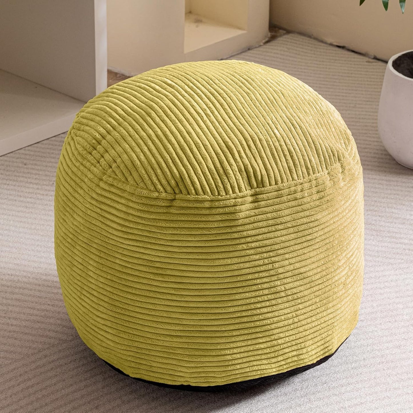 HIGOGOGO Round Stuffed Pouf Ottoman, Corduroy Poufs with Foam Chunk Filling, Furry and Fluffy Pouf Foot Stool Storage Ottoman, 20 X 15 Floor Poufs Foot Rest for Living Room, Green