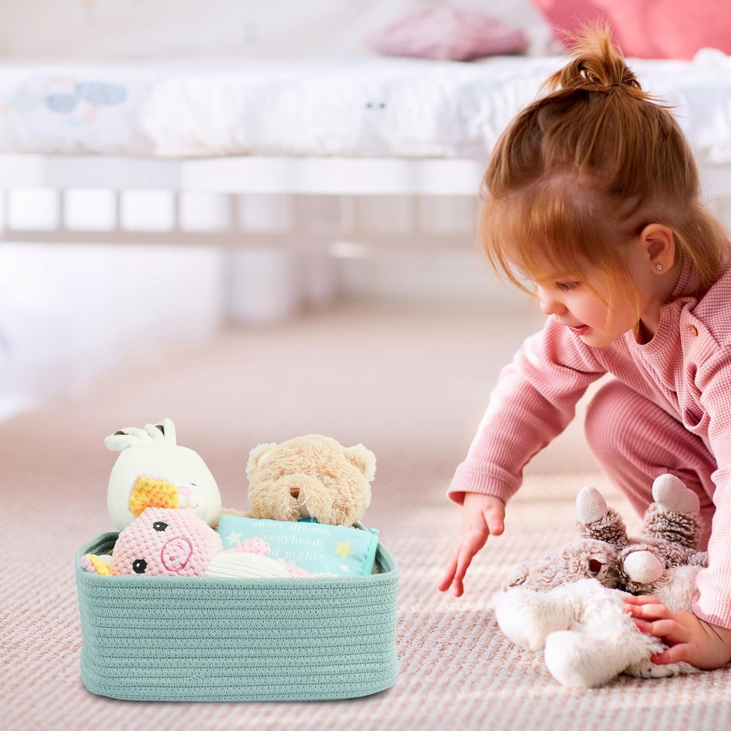 Small Woven Storage Baskets 13“X9”X5“ Decorative Rope Bins for Organizing Shelves, Closets, and Toys, Empty Gift Baskets, Cute Organizer Basket for Home and Office (green, Large)