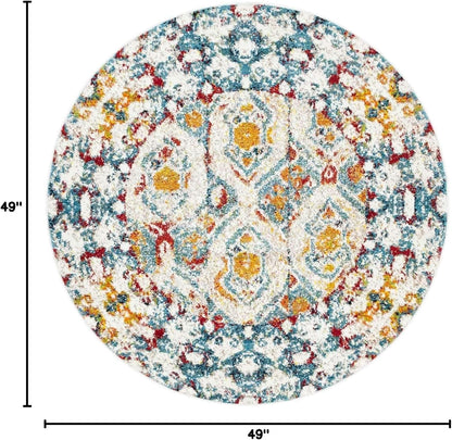 Unique Loom Rosso Collection Vintage, Geometric, Bohemian, Traditional, Distressed, Southwestern Area Rug, Round 4' 0" x 4' 0", Multi/Ivory