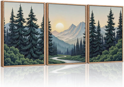 HLNIUC Mountain Forest Sun Framed Wall Art,Large Boho Pine Tree Canvas Wall Decor Set of 3(16”x24”)Ridge Mountain Landscape Picture Prints,Natural Sunset Woodland Wall Painting for Living Room,Bedroom