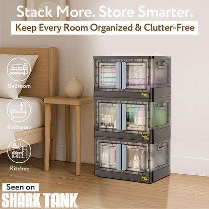 Quik Box - 8.5 Gallon 3-Pack Stackable Storage Bins with Doors & Wheels - Collapsible Organizer for