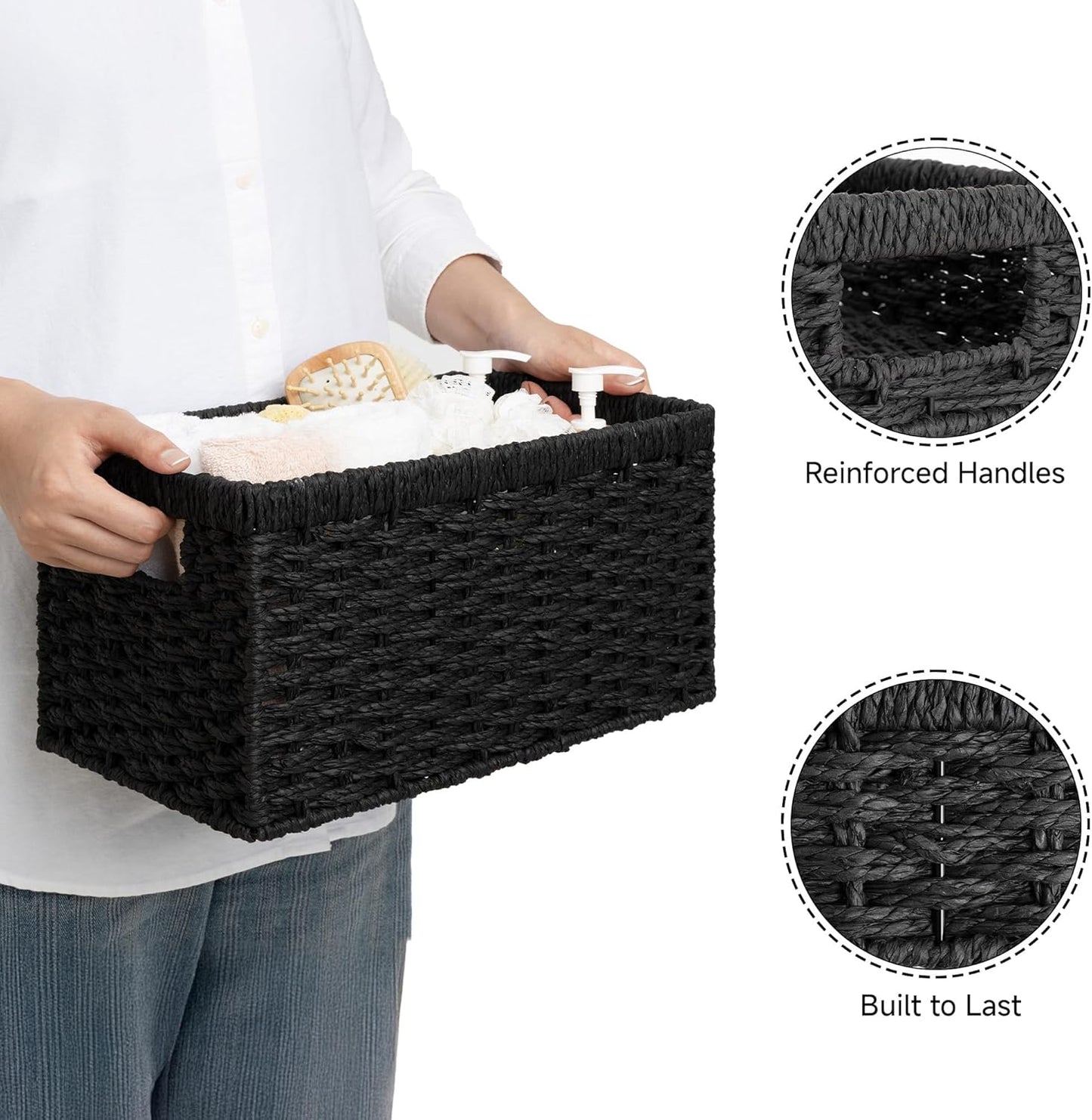 StorageWorks Pantry Baskets, Wicker Storage Baskets for Organizing, Bathroom Shelves, Pantry Organizers and Storage, Medium, Black, 2-Pack