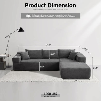 ovios 104" Cloud Sectional Couch with L-Shape Chaise,Modern Modular Sofa with Deep Seat, Upholstered Couches for Living Room Bedroom,No Assembly Required, Grey (Corduroy Fabric)