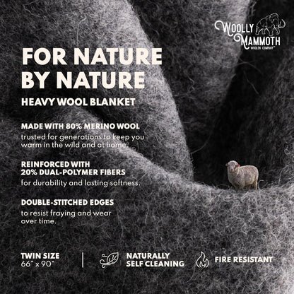 Woolly Mammoth Woolen Co. | Extra Large Merino Wool Camp Blanket | Perfect Outdoor Gear | Bedroll for Bushcraft, Camping, Trekking, Hiking, Survival, or Throw Blanket at the Cabin (Gray), 66" x 90"