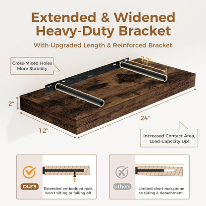 12 Inch Deep Floating Shelves, 24 x 12 Floating Shelf for Books, Rustic Wood Deep Wall Shelves for Home Storage & Display, 2" Thicked Shelves for Kitchen, Living Room, Bedroom, Rustic Brown, 2 Pack